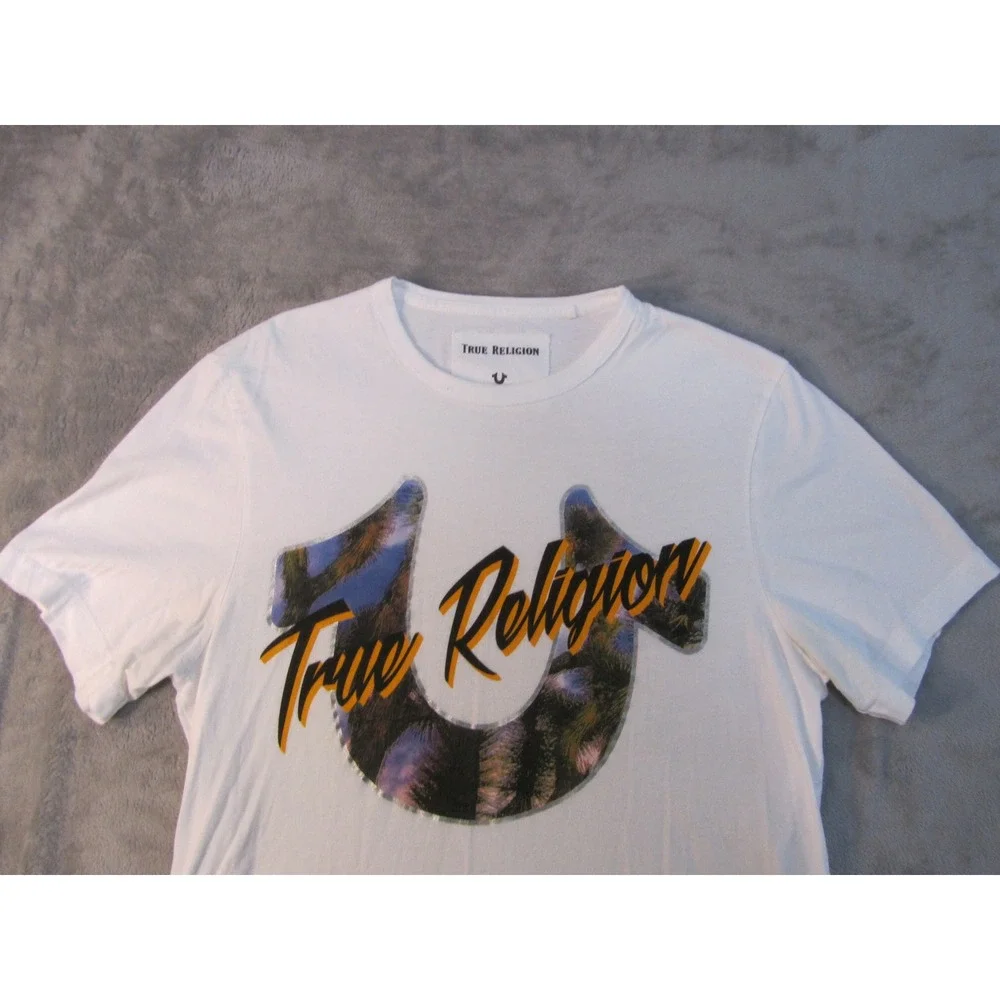 True Religion Mens White Horseshoe Palm Tree Graphic T-Shirt Size M